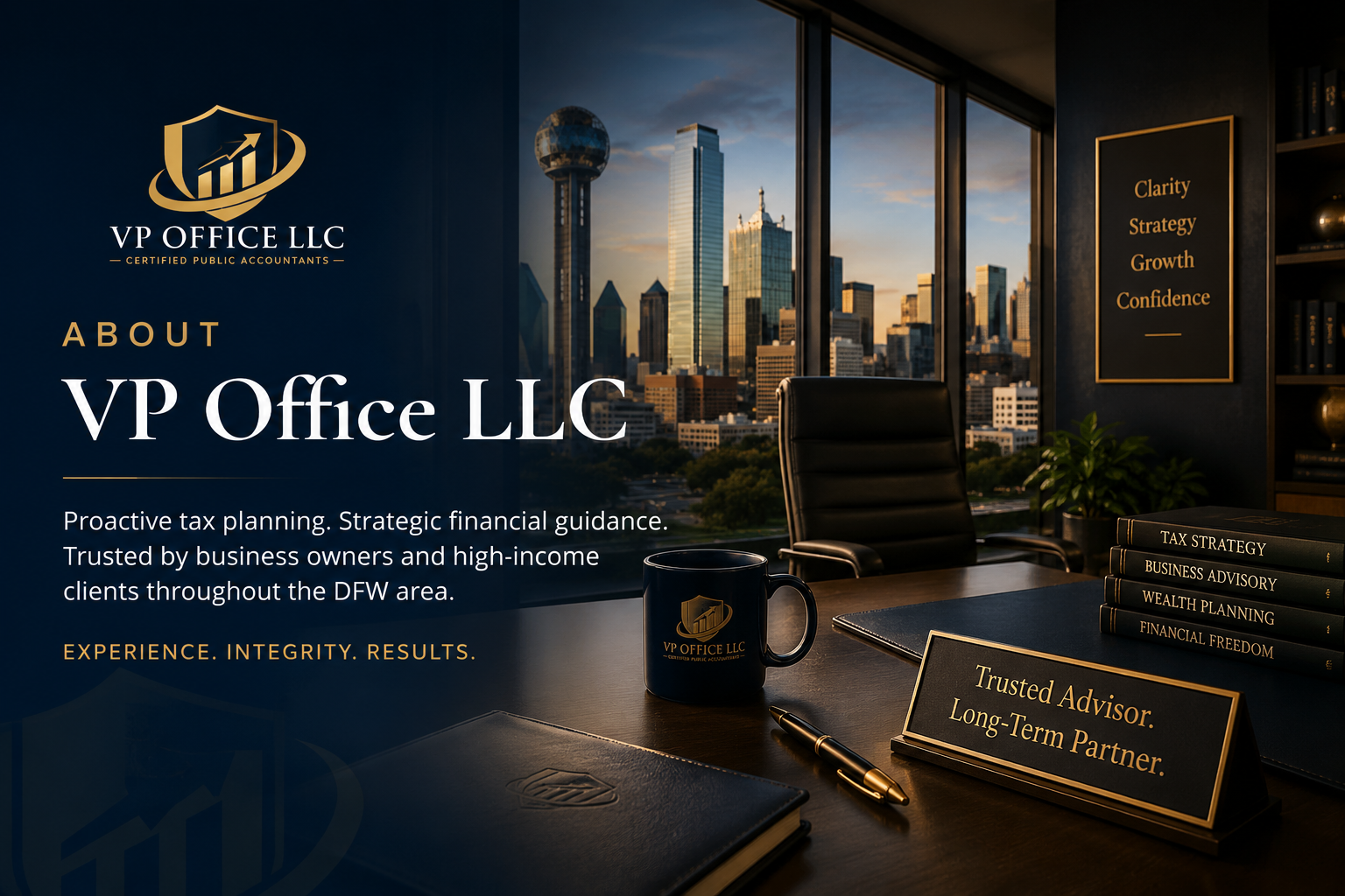 Professional executive office overlooking the Dallas skyline with VP Office LLC branding, financial strategy workspace, and luxury advisory atmosphere for business owners and high-income clients in DFW.