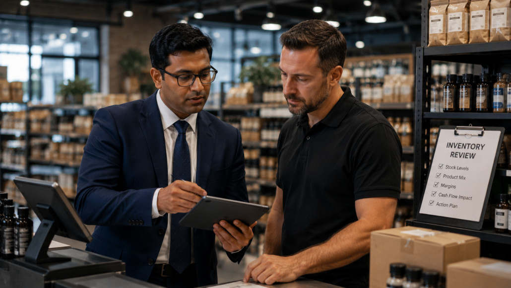 VP Office Ongoing Advisory and Execution CPA advisor reviewing inventory and business operations with a client in a retail environment