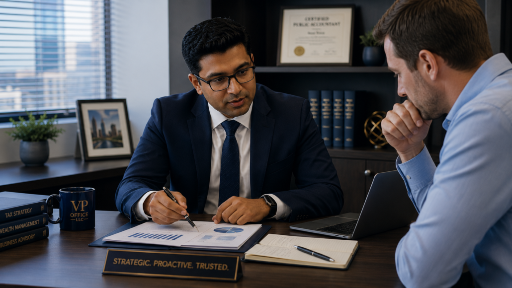 VP Office Client Communications CPA speaking with a client in office