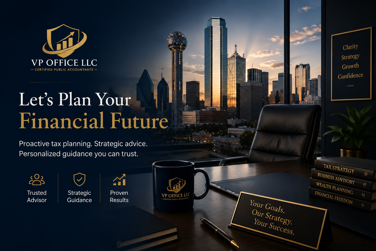 Professional Dallas executive office with skyline view, strategic financial planning workspace, and VP Office LLC branding representing trusted CPA and business advisory services in the Dallas–Fort Worth area.