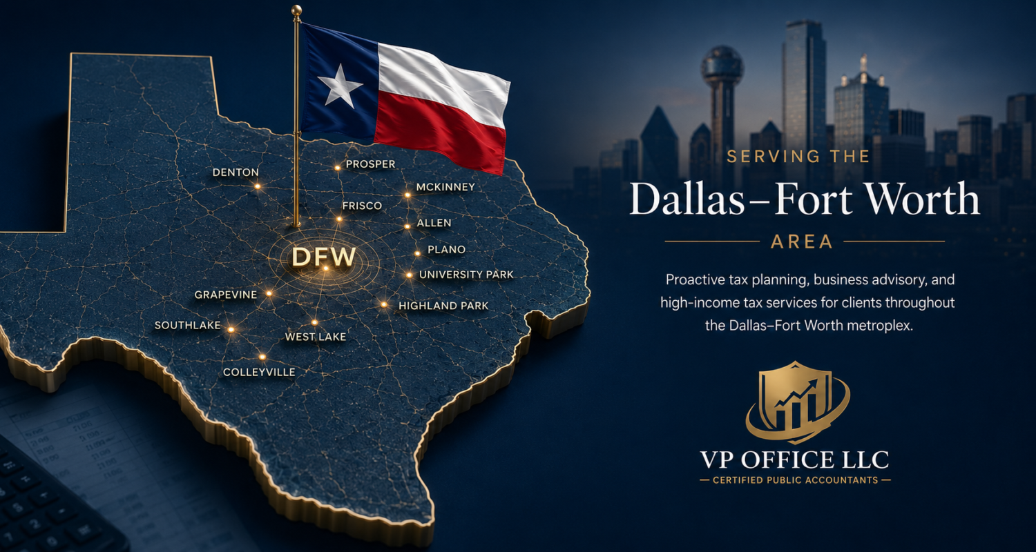 3D stylized map of the Dallas–Fort Worth area in Texas with the Texas flag rising from DFW, representing VP Office LLC regional CPA services.